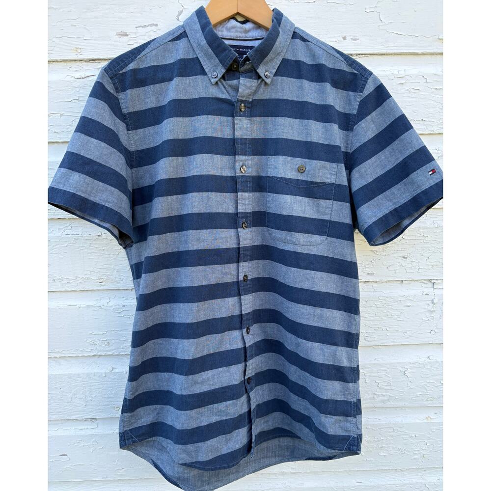Tommy Hilfiger Button Down Camp Shirt Mens M Blue Stripe 100% Cotton Preppy